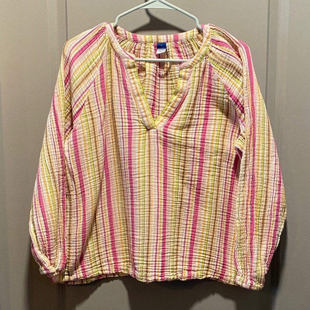 Old Navy Textured Stripe Top L Cotton Peasant Blouse Boho Spring Summer